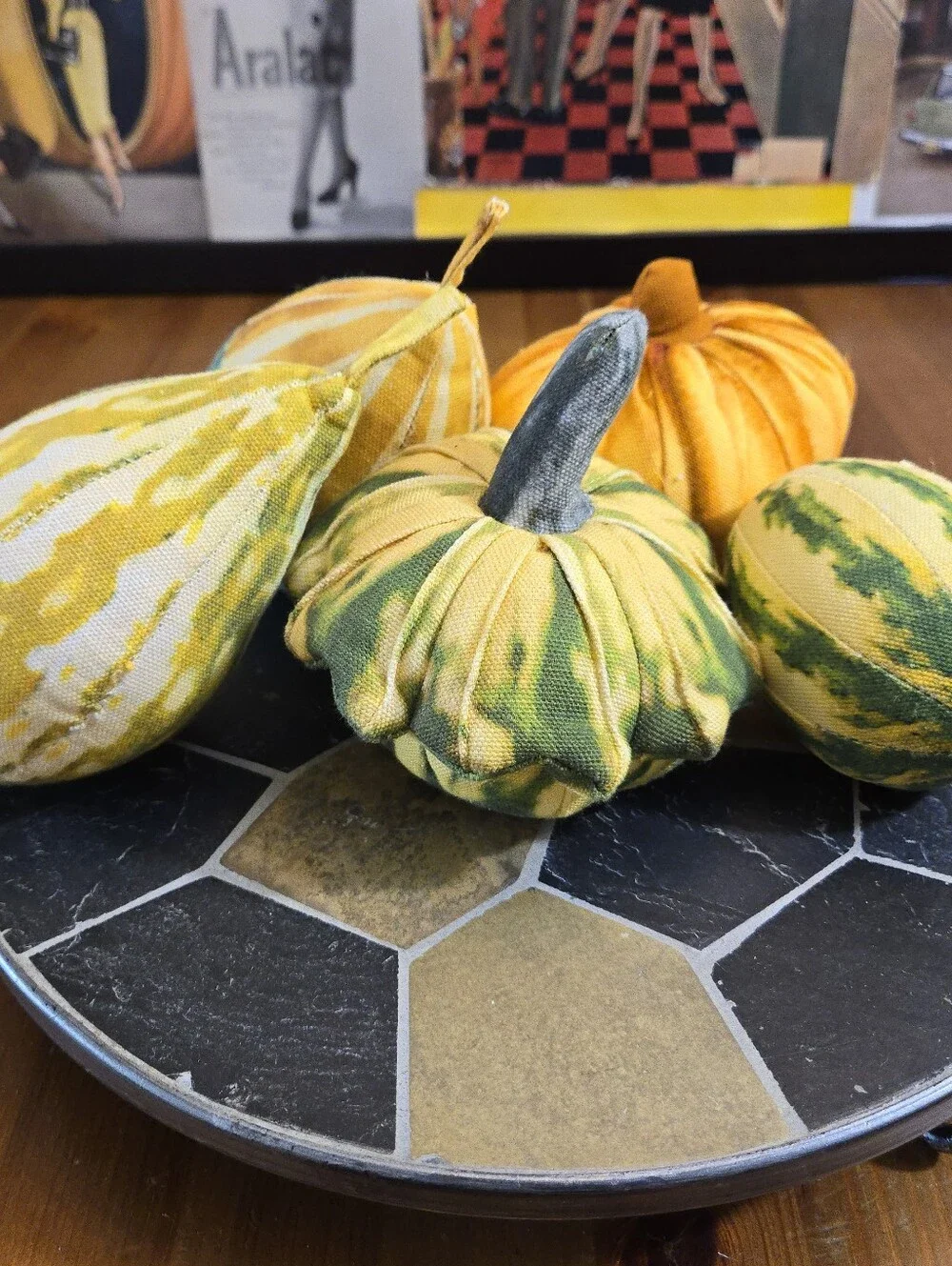 John Derian Fabric Fall Gourds - Yellow & Green Decorative Stuffed Fall Decor